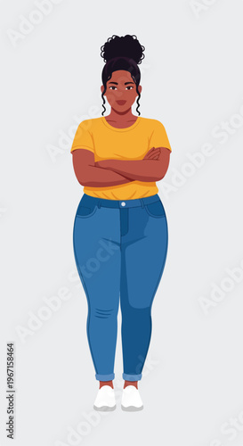 A confident plus-size woman with a dark complexion wearing jeans and yellow top