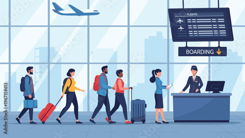 Diverse group of passengers patiently lining up at the gate, preparing to board their flight at a bustling modern airport terminal.