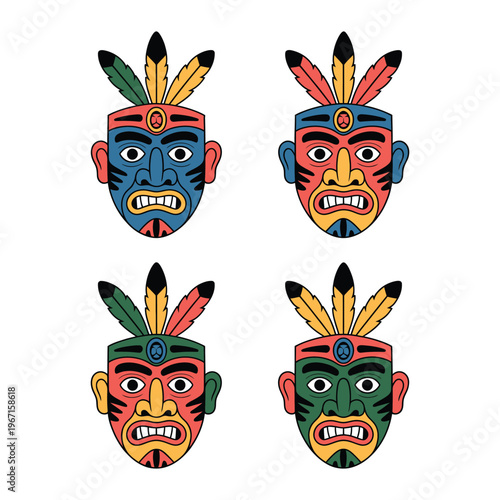 Tribal Tiki Mask Vector Set with Colorful Indigenous Feather Headdress