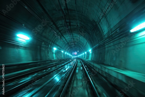 Motion blur of a commuter train racing through a dim tunnel in Tokyo at night