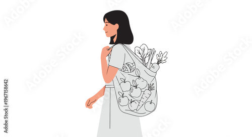 A woman walking side view carrying a canvas bag filled with fresh vegetables