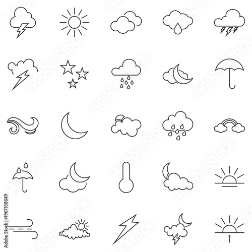 Comprehensive Weather Icons Set for Forecast Apps. Bright and playful weather icon set featuring sun, rain, clouds, storm, wind, and temperature symbols for apps and digital interfaces.