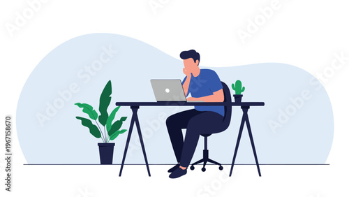 Focused young man working diligently on his laptop at a minimalist desk, surrounded by a calm and productive home office environment.