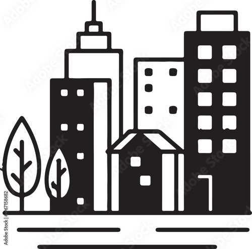 Black and white city skyline with trees buildings skyscrapers