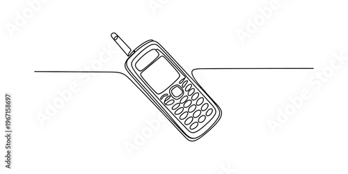 A single continuous line drawing of a retro mobile phone with an external antenna on white ground Vector, illustration