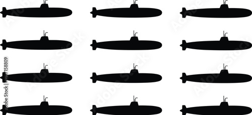 Collection of submarine silhouettes in side view isolated on white background for naval, military, underwater transport and marine design concepts
