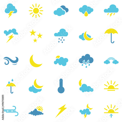 Comprehensive Weather Icons Set for Forecast Apps. Bright and playful weather icon set featuring sun, rain, clouds, storm, wind, and temperature symbols for apps and digital interfaces.