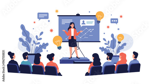 Confident female speaker giving an engaging business presentation to a diverse audience, sharing ideas and data on a large screen with lightbulbs symbolizing innovation.