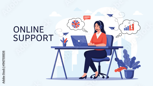 Dedicated female customer service representative providing online support with a headset, working on her laptop in a dynamic office setting.