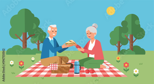 An elderly couple enjoying a sunny outdoor picnic on a red checkered blanket