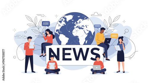 Diverse group of individuals actively engaging with current events and global news, using various devices around a prominent world map.