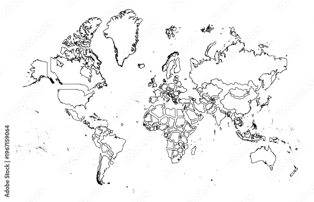 Obraz premium World map vector disjoint exploded puzzle blueprint wireframe outline only un filled mercator projection global geography cartography international boundaries modern graphic design isolated template