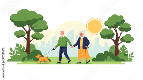 Happy elderly couple enjoying a leisurely walk with their small dog in a sunny park, surrounded by lush green trees and a city skyline.
