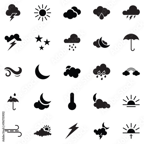 Comprehensive Weather Icons Set for Forecast Apps. Bright and playful weather icon set featuring sun, rain, clouds, storm, wind, and temperature symbols for apps and digital interfaces.