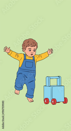A young toddler in blue overalls walks toward a small blue toy cart on wheels