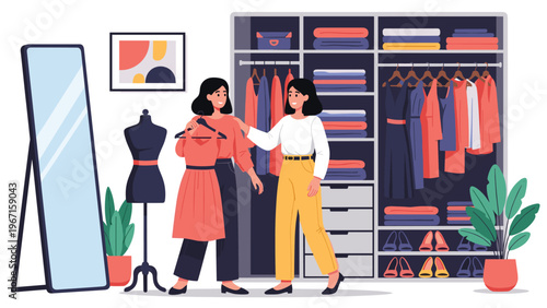 Two fashionable women happily shopping for clothes in a stylish boutique, selecting a dress from a well-organized wardrobe and discussing fashion choices.