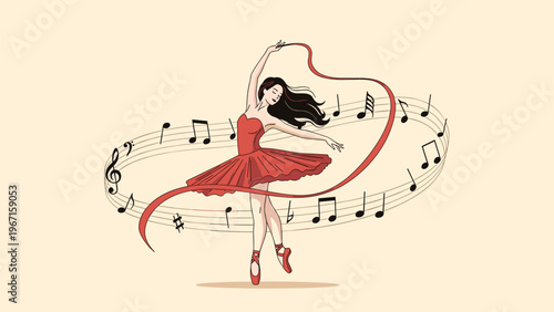 Graceful ballerina in a red tutu and pointe shoes elegantly dancing amidst a swirling trail of musical notes, showcasing artistic passion and movement.