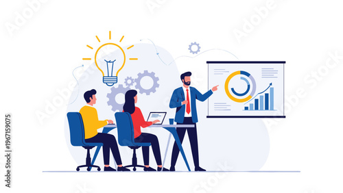 Experienced male mentor leading a dynamic business training session, presenting data and innovative ideas to a engaged team in a corporate setting.