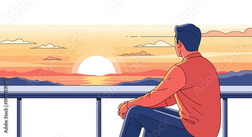 A man wearing a red shirt sits by a railing watching a serene golden sunset