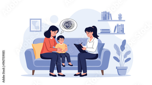 Compassionate female child psychologist providing a counseling session to a mother and her young son, addressing his emotional well-being and mental health.
