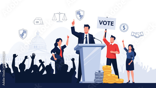Charismatic politician delivering a passionate speech from a podium to an engaged crowd, surrounded by symbols of justice, finance, and citizen participation.