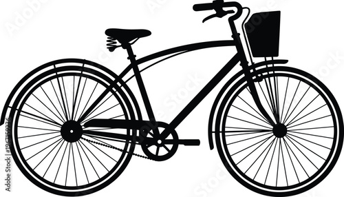 Detailed city bicycle silhouette with front basket and fenders, classic urban transport icon isolated