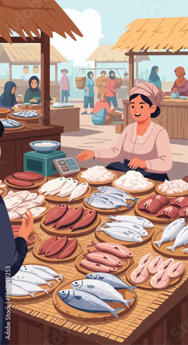 A smiling woman selling fresh fish at an outdoor market stall in the daytime