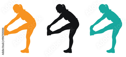 Three colored yoga icons of a woman in standing forward bend pose vector illustration
