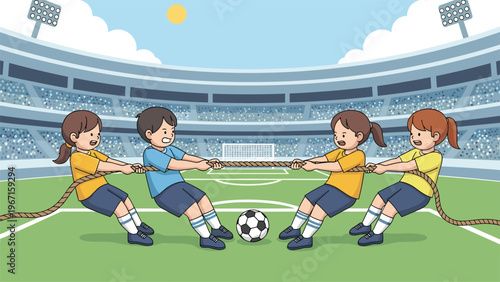 Energetic children happily playing tug-of-war on a vibrant green soccer field inside a stadium, showcasing teamwork, competition, and outdoor fun.