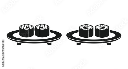 Two sets of sushi rolls presented on round plates a striking silhouette