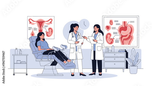 Professional gynecologists consulting with a female patient in a clinic, discussing women's health with anatomical charts displayed in the examination room.