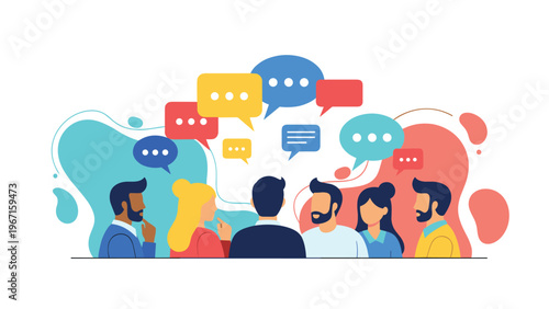 Diverse group of people engaged in an active and dynamic discussion, with vibrant speech bubbles indicating lively communication and idea exchange.