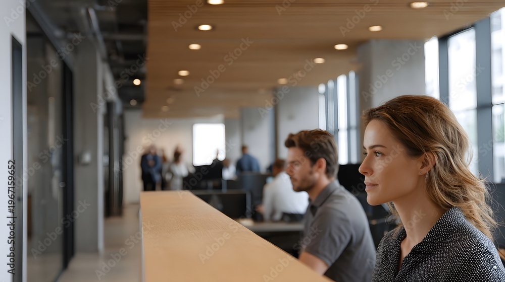 Fototapeta premium Two professionals in a modern office environment looking intently to the side with a sense of focus and purpose highlighting a contemporary workspace