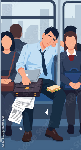 A weary businessman naps on a commuter train while holding his work briefcase