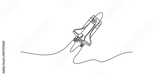 A single continuous line drawing of a space shuttle launching into the sky on a white background. Vector, illustration