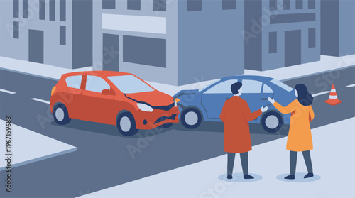 Car Accident Illustration: Two Damaged Vehicles and People Discussing Incident