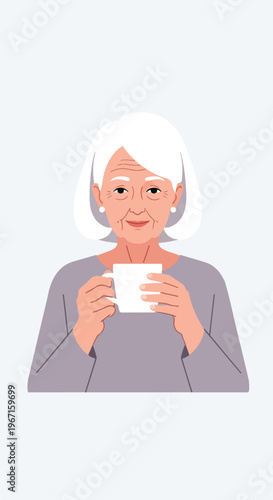 An elderly woman with short white hair holding a white cup in a simple portrait