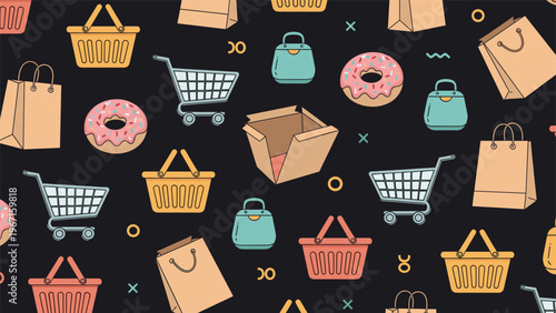 Seamless and playful pattern background featuring various shopping elements like bags, carts, donuts, and gift boxes, perfect for retail and commerce themes.