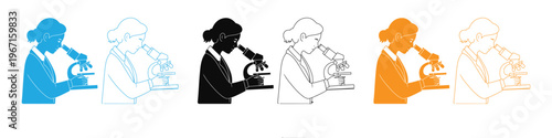 Set of colorful icons of a woman looking through a microscope in different colors vector illustration