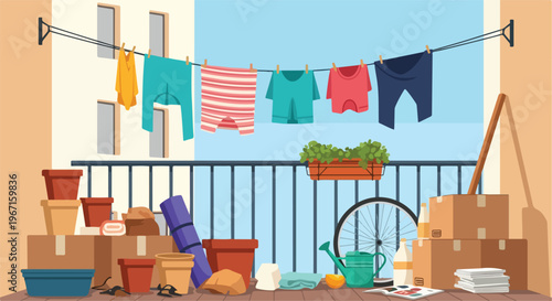 Cartoon illustration of a cluttered city balcony with laundry and storage boxes