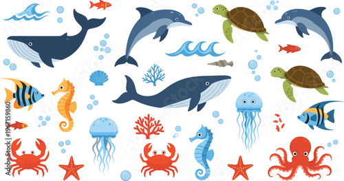 Professional Marine Life and Underwater Animals Vector Set Featuring Whales Dolphins Sea Turtles Octopus and Jellyfish for Ocean Designs