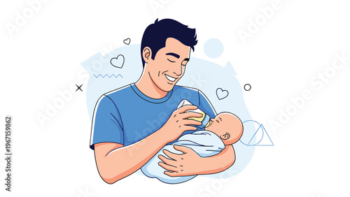 Happy and loving father gently feeding his newborn baby with a bottle, sharing a heartwarming moment of parental care and bonding.