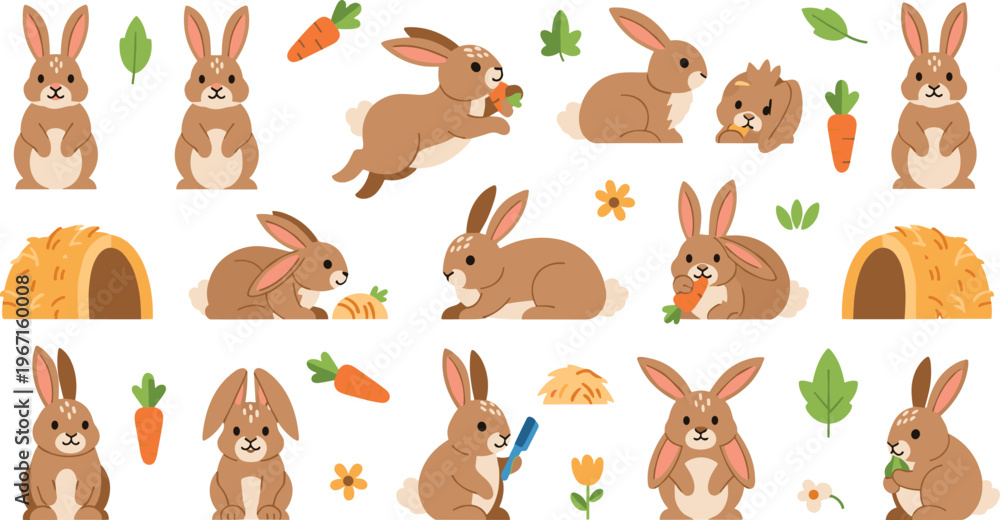 Naklejka premium Professional Cute Rabbit and Bunny Vector Set Featuring Cartoon Hares Eating Carrots Jumping and Sitting for Nature and Children Designs