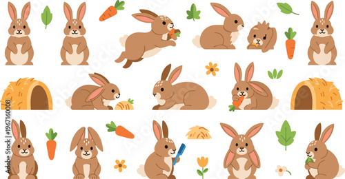 Professional Cute Rabbit and Bunny Vector Set Featuring Cartoon Hares Eating Carrots Jumping and Sitting for Nature and Children Designs