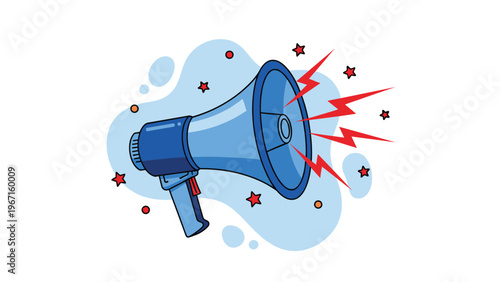 Vibrant and energetic megaphone illustration with sound waves and stars, symbolizing an important announcement, public address, or marketing communication.