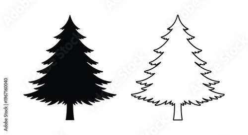 Two coniferous trees depicted in contrasting styles a bold silhouette