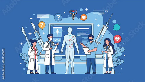 Team of medical professionals conducting a comprehensive health check-up on a male patient, utilizing various tools and digital displays for diagnosis and treatment.
