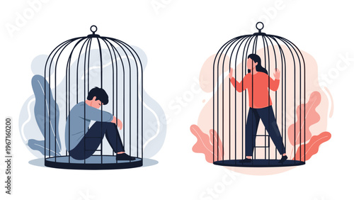 Emotional illustration showing a man and a woman trapped in separate birdcages, symbolizing feelings of restriction, confinement, and a desire for freedom.
