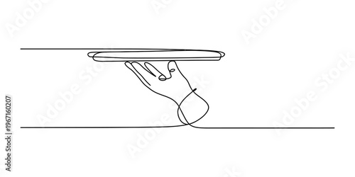 A single continuous line drawing of a human hand holding a flat serving tray for food service. Vector, illustration