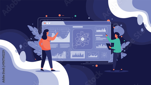 Two individuals collaboratively analyzing complex data and conducting scientific research, utilizing a large digital interface with charts and atomic symbols.